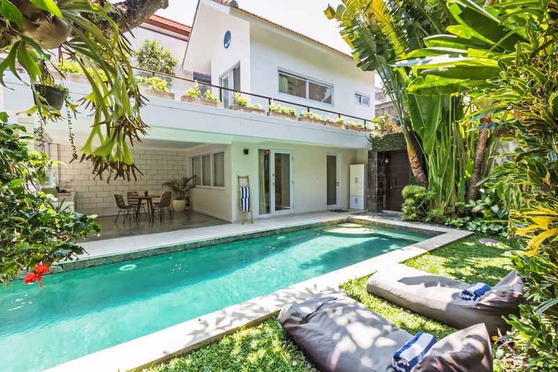 The villa and 10 by 4 metre pool in daylight