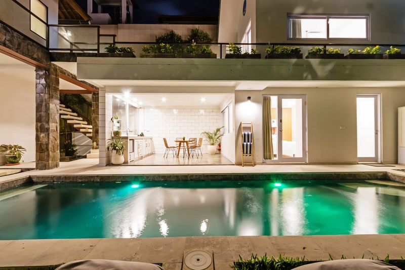 Looking down over the pool from the upper floor